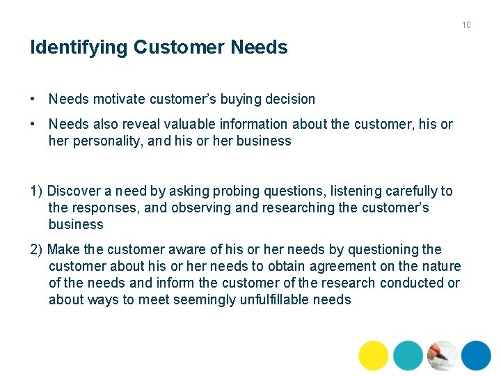 10 Identifying Customer Needs • Needs motivate customer’s buying decision • Needs also reveal