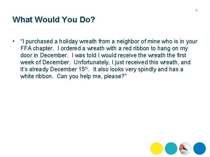 8 What Would You Do? • “I purchased a holiday wreath from a neighbor