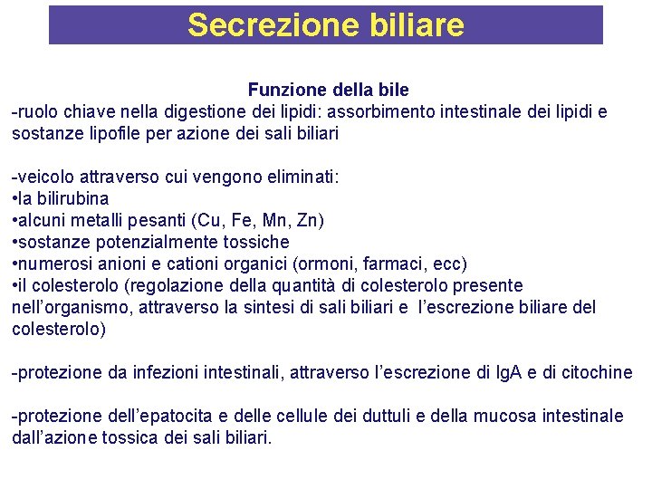 Secrezione biliare Funzione della bile -ruolo chiave nella digestione dei lipidi: assorbimento intestinale dei