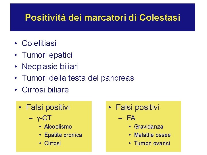 Positività dei marcatori di Colestasi • • • Colelitiasi Tumori epatici Neoplasie biliari Tumori