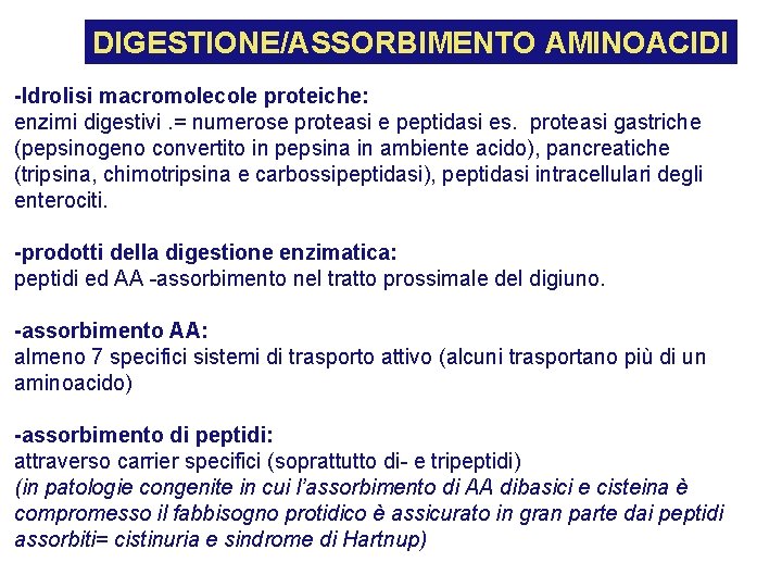 DIGESTIONE/ASSORBIMENTO AMINOACIDI -Idrolisi macromolecole proteiche: enzimi digestivi. = numerose proteasi e peptidasi es. proteasi