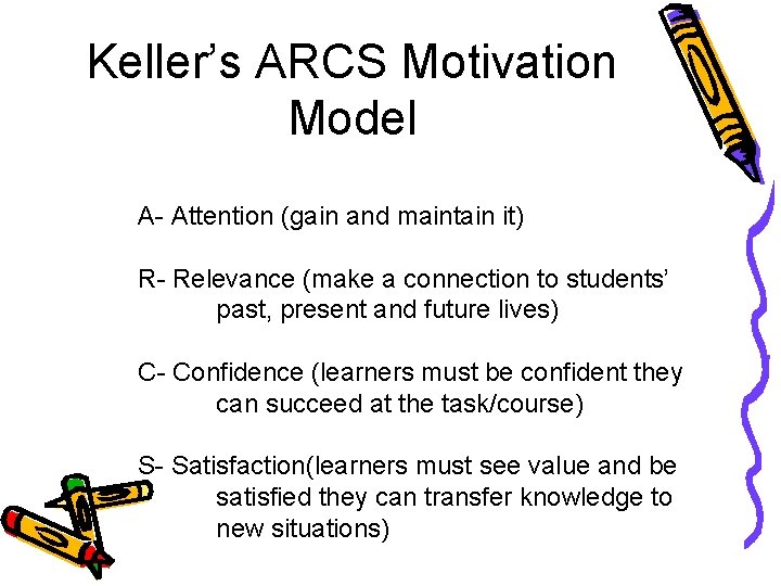 Keller’s ARCS Motivation Model A- Attention (gain and maintain it) R- Relevance (make a