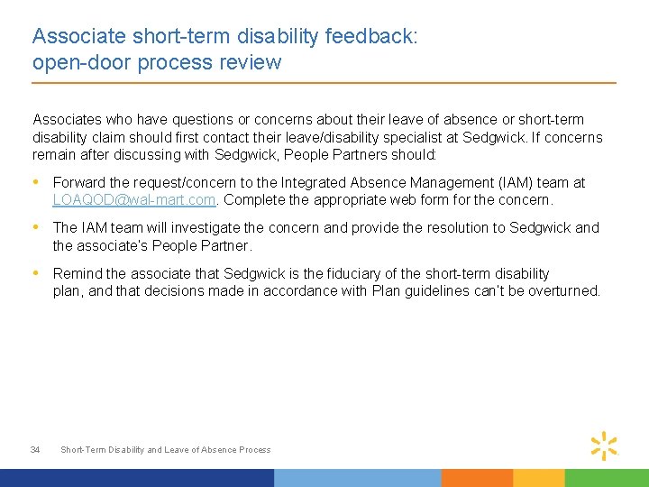 Associate short-term disability feedback: open-door process review Associates who have questions or concerns about Associate short-term disability feedback: open-door process review Associates who have questions or concerns about