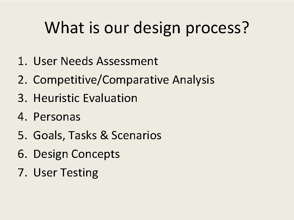 What is our design process? 1. 2. 3. 4. 5. 6. 7. User Needs