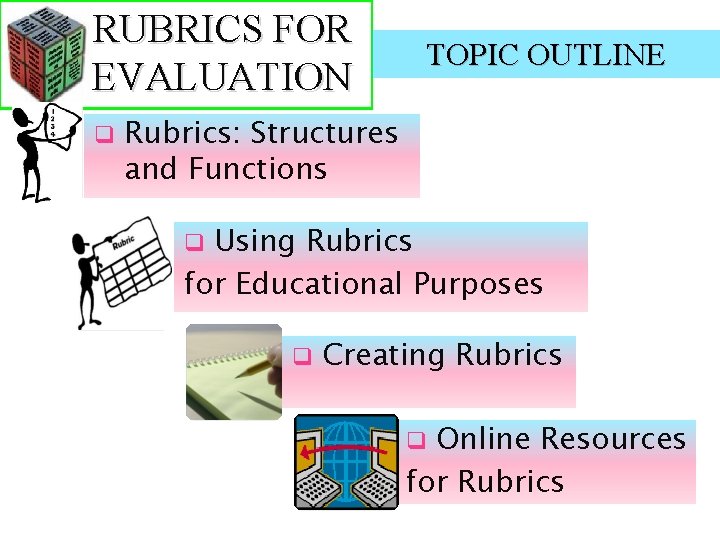 RUBRICS FOR EVALUATION q TOPIC OUTLINE Rubrics: Structures and Functions Using Rubrics for Educational