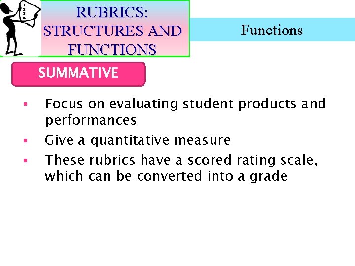RUBRICS: STRUCTURES AND FUNCTIONS Functions SUMMATIVE § § § Focus on evaluating student products