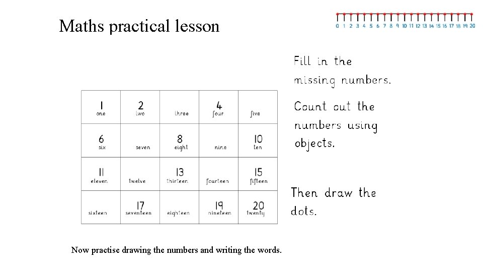 Maths practical lesson Now practise drawing the numbers and writing the words. 