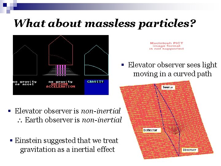 What about massless particles? § Elevator observer sees light moving in a curved path