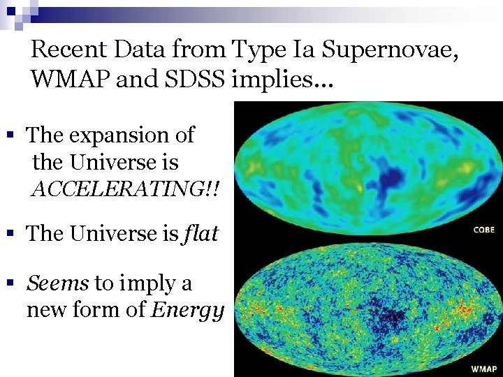 Recent Data from Type Ia Supernovae, WMAP and SDSS implies… § The expansion of