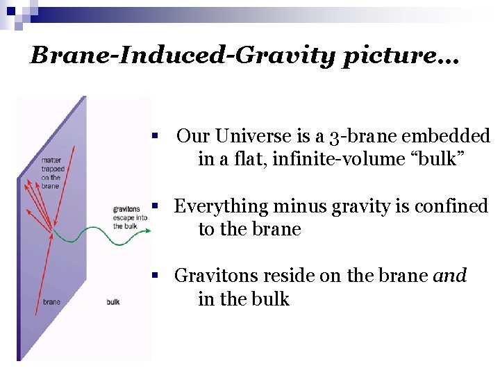 Brane-Induced-Gravity picture… § Our Universe is a 3 -brane embedded in a flat, infinite-volume