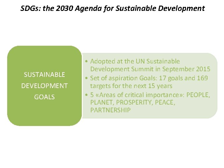 SDGs: the 2030 Agenda for Sustainable Development SUSTAINABLE DEVELOPMENT GOALS • Adopted at the