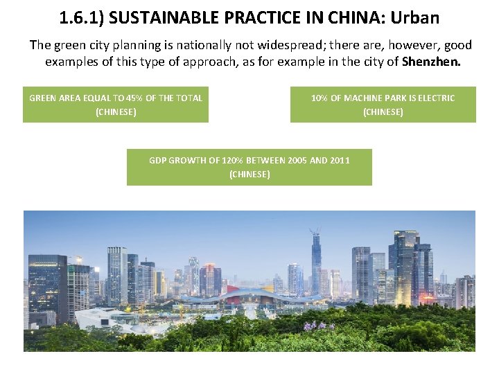1. 6. 1) SUSTAINABLE PRACTICE IN CHINA: Urban The green city planning is nationally
