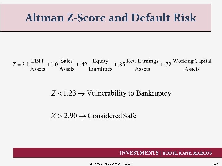 Altman Z-Score and Default Risk INVESTMENTS | BODIE, KANE, MARCUS © 2018 Mc. Graw-Hill