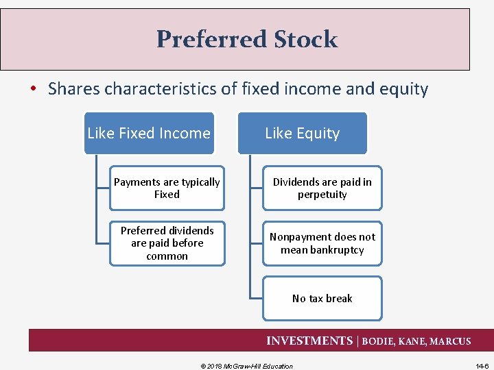 Preferred Stock • Shares characteristics of fixed income and equity Like Fixed Income Like