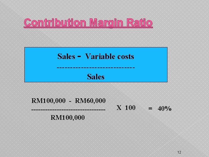 Contribution Margin Ratio Sales - Variable costs --------------Sales RM 100, 000 - RM 60,