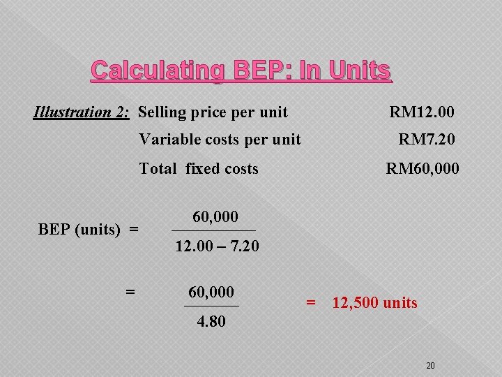 Calculating BEP: In Units Illustration 2: Selling price per unit RM 12. 00 Variable