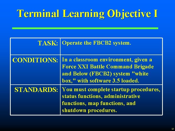 Terminal Learning Objective I TASK: Operate the FBCB 2 system. CONDITIONS: In a classroom
