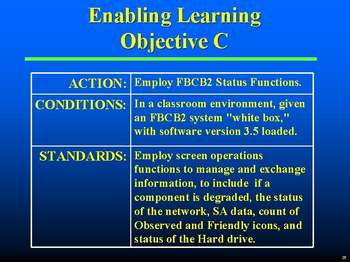 Enabling Learning Objective C ACTION: Employ FBCB 2 Status Functions. CONDITIONS: In a classroom