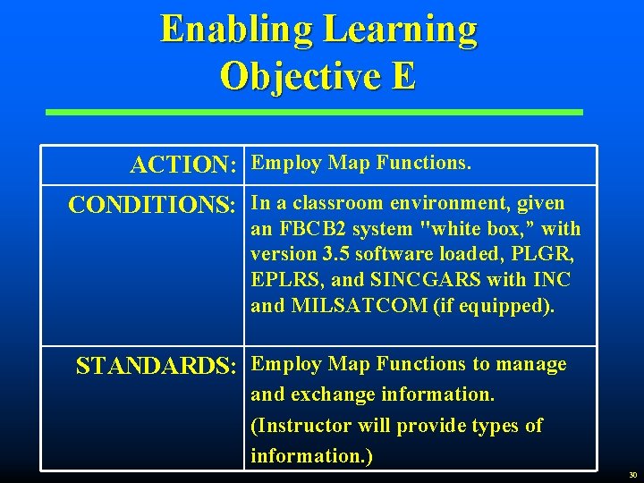 Enabling Learning Objective E ACTION: Employ Map Functions. CONDITIONS: In a classroom environment, given