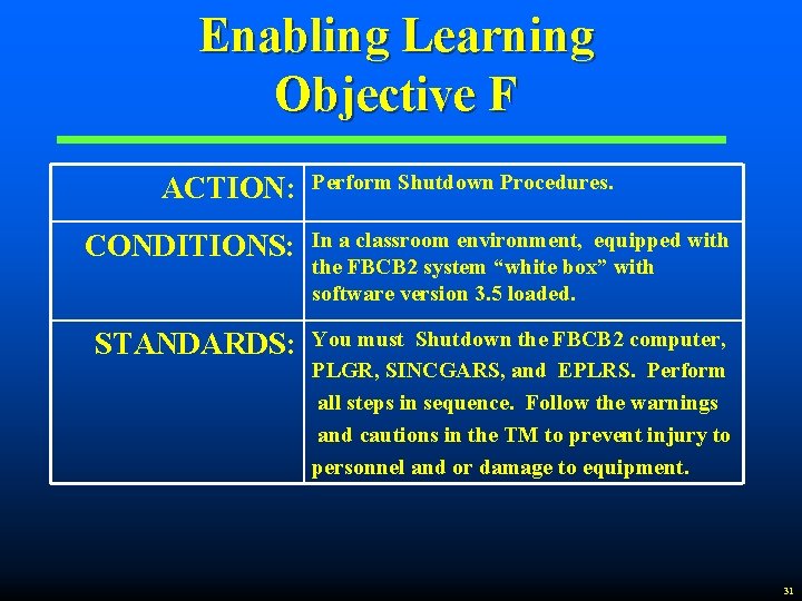 Enabling Learning Objective F ACTION: Perform Shutdown Procedures. CONDITIONS: In a classroom environment, equipped