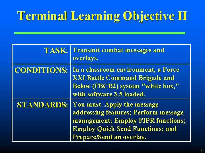 Terminal Learning Objective II TASK: Transmit combat messages and overlays. CONDITIONS: In a classroom