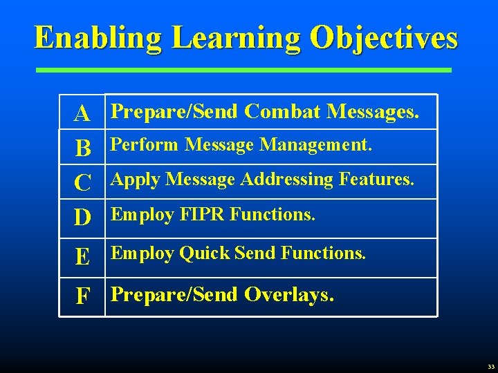 Enabling Learning Objectives A Prepare/Send Combat Messages. B Perform Message Management. C Apply Message