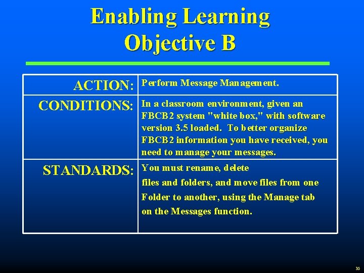 Enabling Learning Objective B ACTION: CONDITIONS: STANDARDS: Perform Message Management. In a classroom environment,