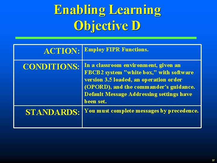 Enabling Learning Objective D ACTION: CONDITIONS: STANDARDS: Employ FIPR Functions. In a classroom environment,