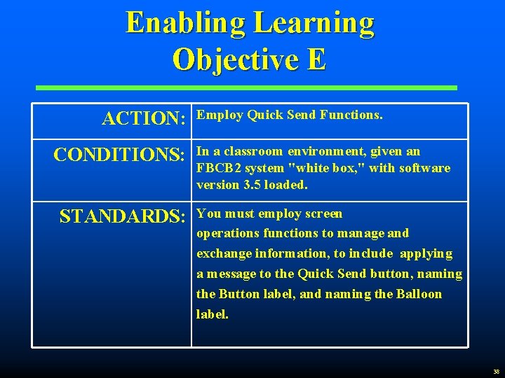 Enabling Learning Objective E ACTION: CONDITIONS: STANDARDS: Employ Quick Send Functions. In a classroom
