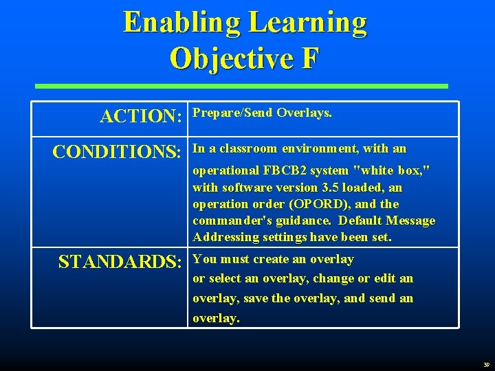Enabling Learning Objective F ACTION: CONDITIONS: Prepare/Send Overlays. In a classroom environment, with an