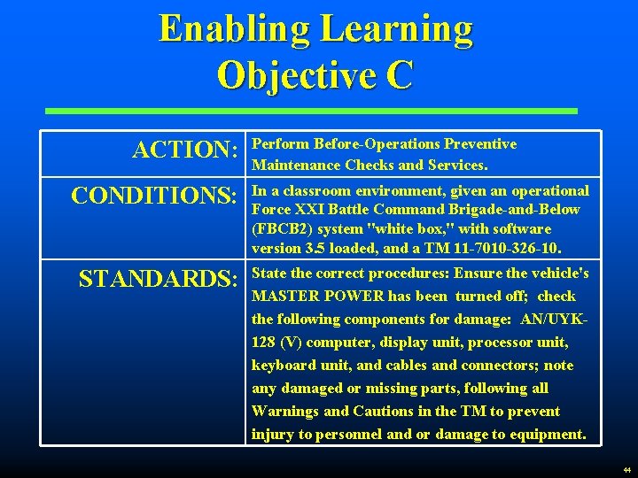 Enabling Learning Objective C ACTION: Perform Before-Operations Preventive Maintenance Checks and Services. CONDITIONS: In