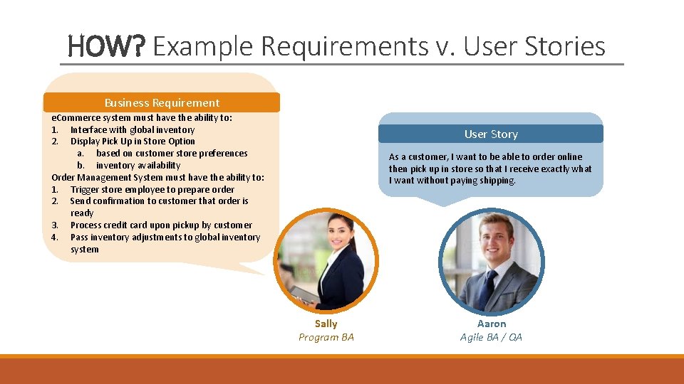 HOW? Example Requirements v. User Stories Business Requirement e. Commerce system must have the