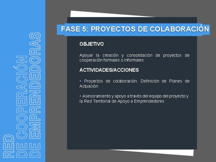 FASE 5: PROYECTOS DE COLABORACIÓN OBJETIVO Apoyar la creación y consolidación de proyectos de