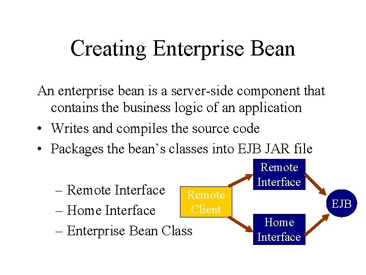 Creating Enterprise Bean An enterprise bean is a server-side component that contains the business