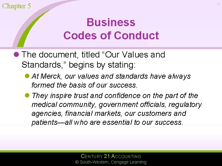 4 Chapter 5 Business Codes of Conduct l The document, titled “Our Values and