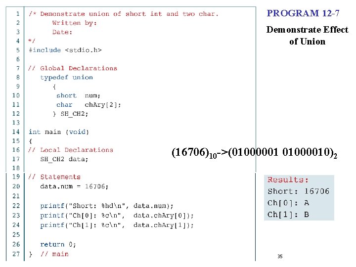 PROGRAM 12 -7 Demonstrate Effect of Union (16706)10 ->(01000001 01000010)2 35 