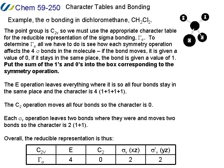 Chem 59 -250 Character Tables and Bonding Example, the bonding in dichloromethane, CH 2