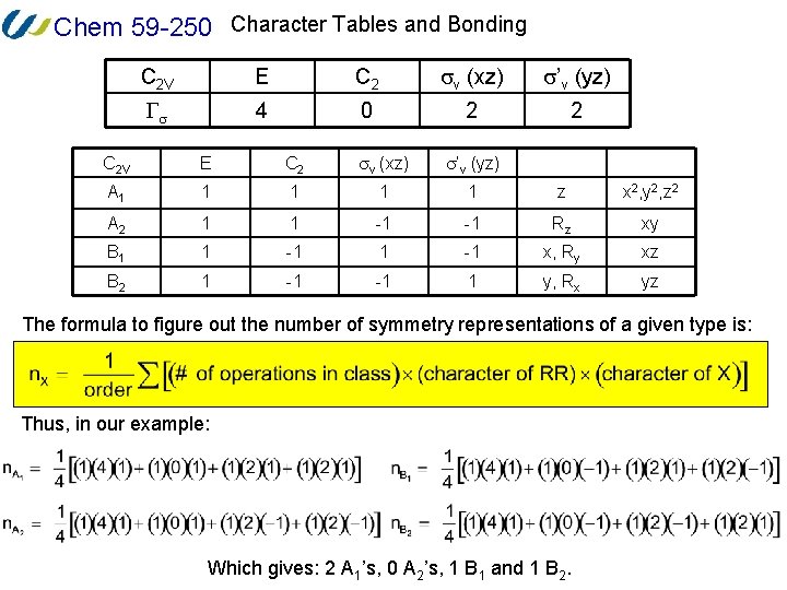 Chem 59 -250 Character Tables and Bonding C 2 V E C 2 v