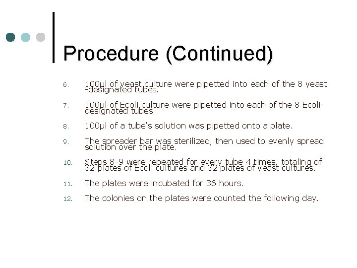 Procedure (Continued) 6. 100μl of yeast culture were pipetted into each of the 8