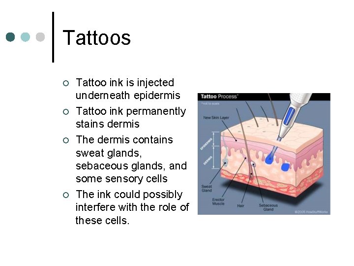 Tattoos ¢ ¢ Tattoo ink is injected underneath epidermis Tattoo ink permanently stains dermis