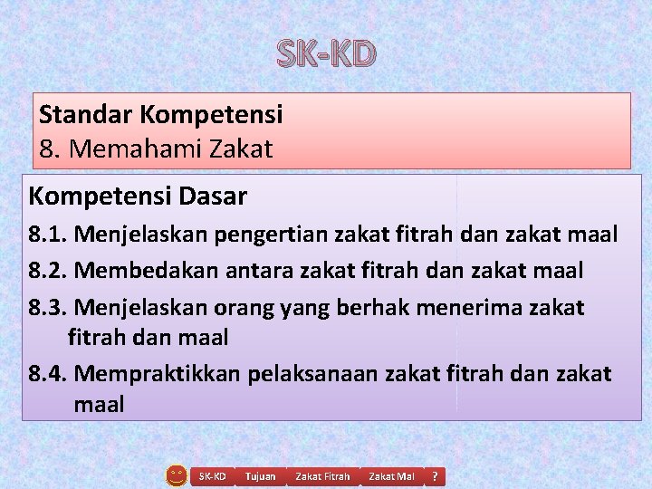 SK-KD Standar Kompetensi 8. Memahami Zakat Kompetensi Dasar 8. 1. Menjelaskan pengertian zakat fitrah