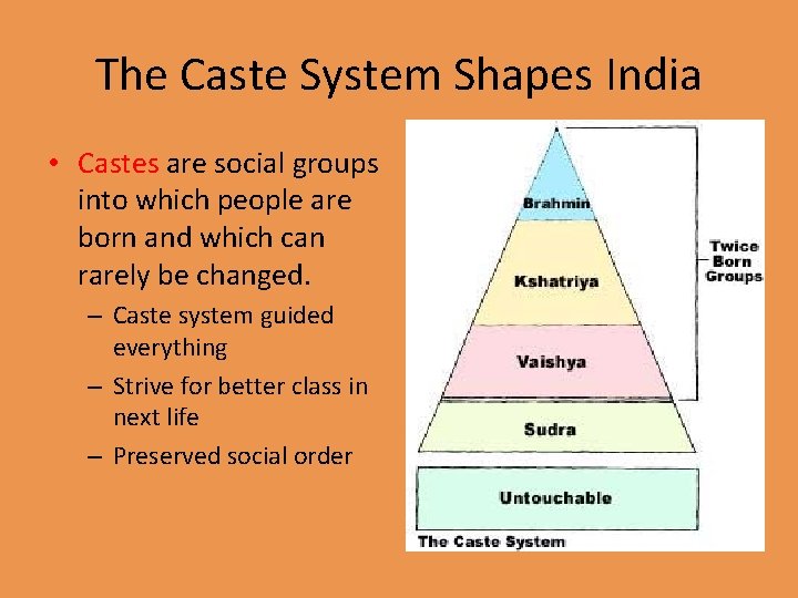 The Caste System Shapes India • Castes are social groups into which people are