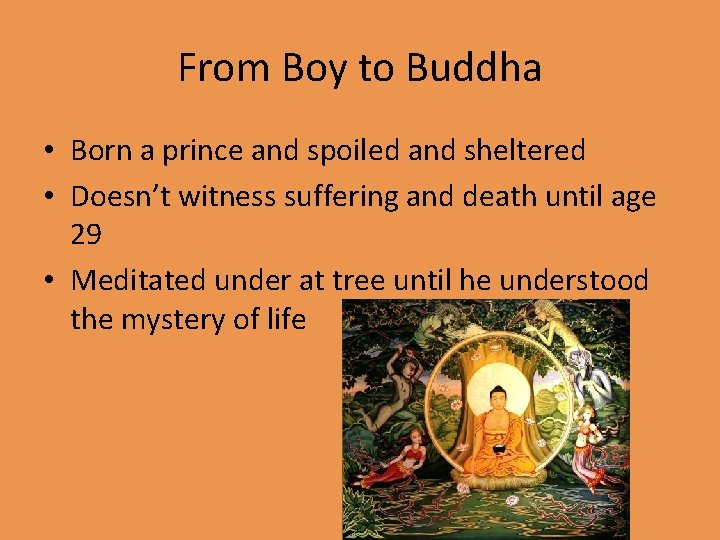 From Boy to Buddha • Born a prince and spoiled and sheltered • Doesn’t