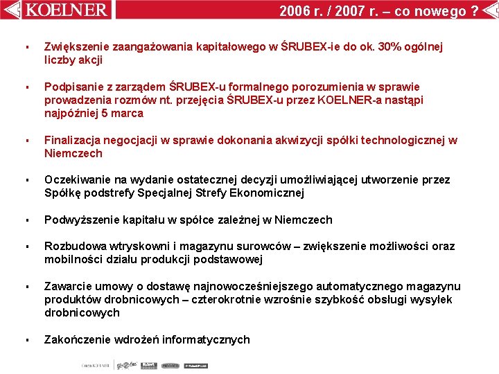 2006 r. / 2007 r. – co nowego ? § Zwiększenie zaangażowania kapitałowego w