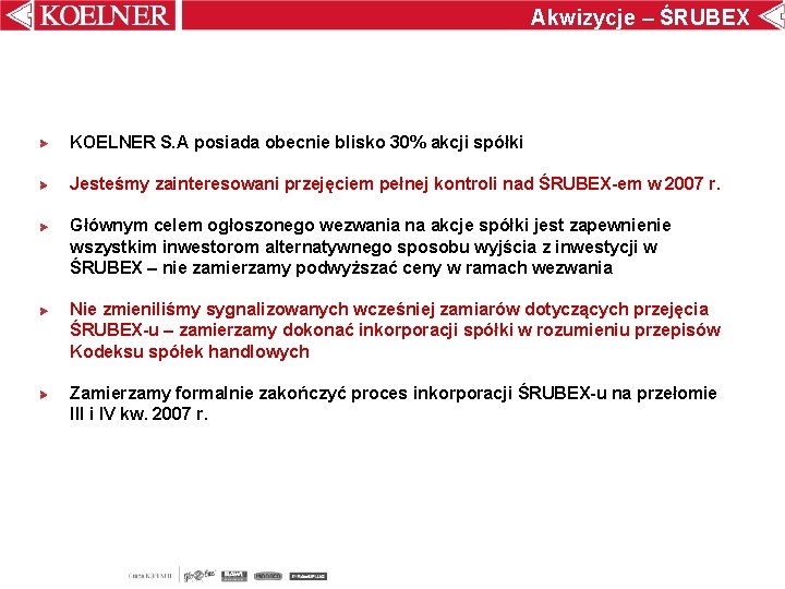 Akwizycje – ŚRUBEX KOELNER S. A posiada obecnie blisko 30% akcji spółki Jesteśmy zainteresowani