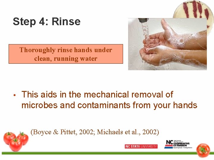 Step 4: Rinse Thoroughly rinse hands under clean, running water • This aids in