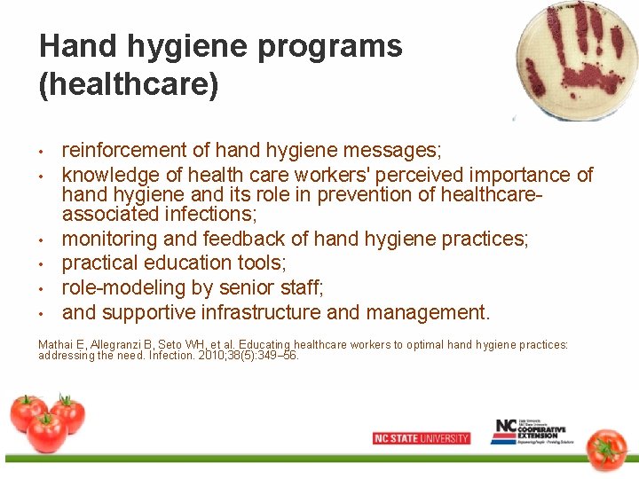 Hand hygiene programs (healthcare) • • • reinforcement of hand hygiene messages; knowledge of