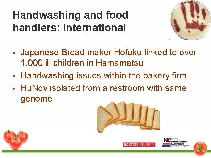 Handwashing and food handlers: International • • • Japanese Bread maker Hofuku linked to