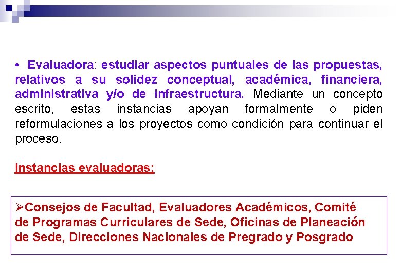  • Evaluadora: estudiar aspectos puntuales de las propuestas, relativos a su solidez conceptual,