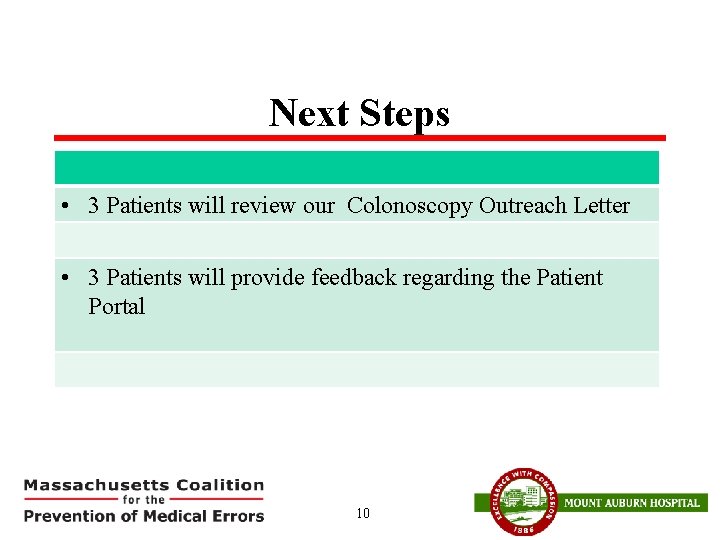 Next Steps • 3 Patients will review our Colonoscopy Outreach Letter • 3 Patients